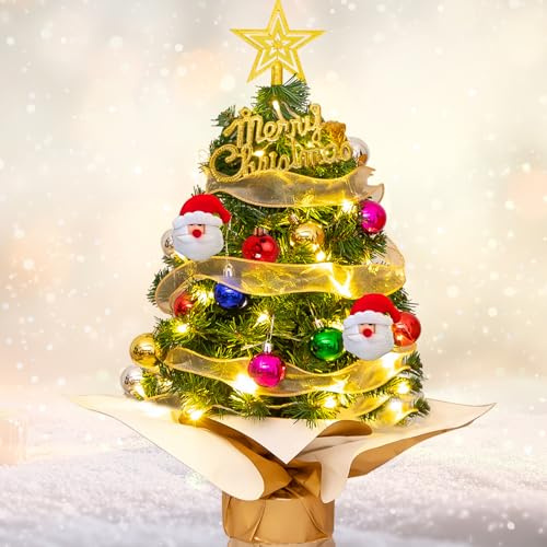 Mini Árbol De Navidad, 60cm Árbol de Navidad Artificial Pequeño con Iluminación LED y Decorado, para Decoración Navideña en Casa