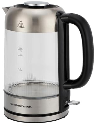 Hamilton Beach Electric Kettle, 1.7L, LED Illuminating, Textured Glass, Rapid Boil, Boil Dry Protection, Auto-Shut Off, Cordless Design, Precise Control, 360° Swivel Base, 3000W, Silver - HBS5803