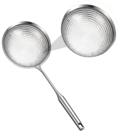 HIAKDOFT 1pezzi Colino in Acciaio Per Olio Da Frittura Scolapasta Rete Manico Ergonomico Resistente Al Calore Filtro Per Alimenti Per Patatine Fritte Verdure Carne