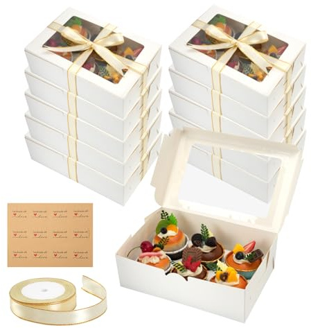 LIUCONGBD 12 x Cupcake Boxes 6 Holes, White Cup Cake Box with Clear Window & Ribbon Stickers, Bakery Cake Carrier for Donuts Chocolate Muffins Cookie Pastries Decorating Supplies