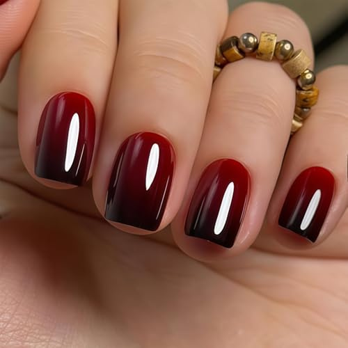 Vesavifaka Soft Gel Press On Nails Kit - 24 pezzi rosso ombre corto quadrato copertura completa punte design, unghie artificiali con colla per unghie