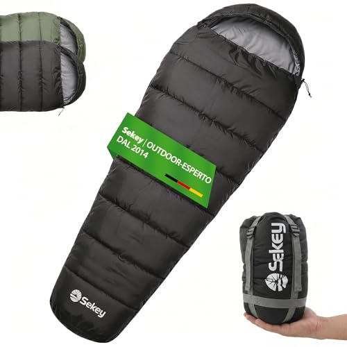 Sekey Sacco a Pelo Adulto, 0,9 kg/1,6 kg, 4 Stagioni o Estivo, Sacco a Pelo Compatto e Ultraleggero, Con Cerniera Anti-impigliamento, Idrorepellente, Antistrappo, Campeggio, Viaggio, 220x80x50 cm