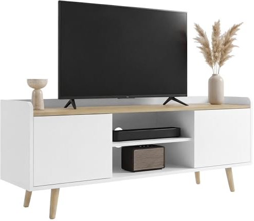 Blisswood TV Unit, 112cm TV Stand Cabinet for up to 43–50 Inch TVs, Modern TV Cabinet with Storage & Open Shelf, Wooden Legs Entertainment Console Table for Living Room & Bedroom, White & Oak