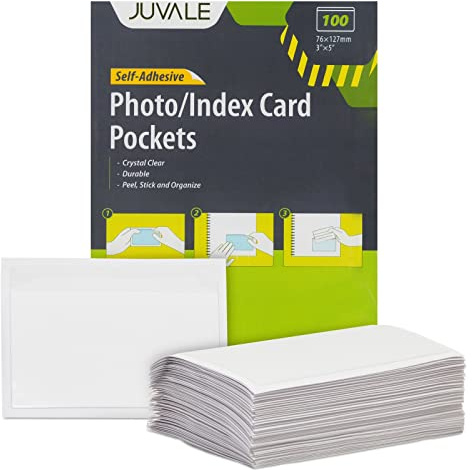 Juvale 100-Pack Clear Index Card Pockets - 3.6 x 5.25 in Plastic Sleeves - Adhesive Label Pockets for Storage Bin & Shelf Labels