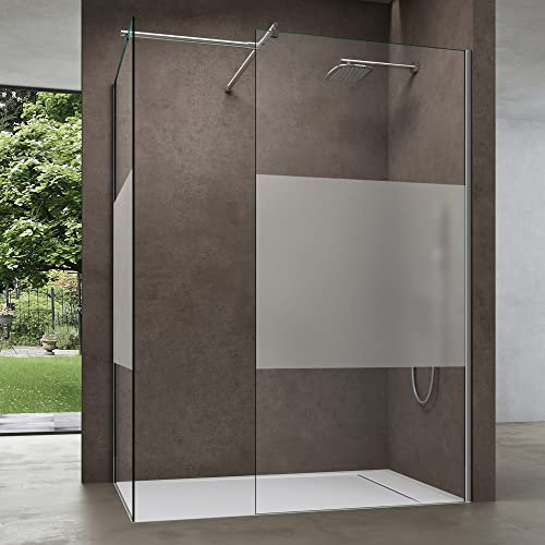 doporro Box Doccia Walk-In Due Lati Fissi 80x80cm, Parete Doccia Anticalcare in Vetro Parzialmente Smerigliato da 8mm con Braccio Sostegno Telescopico in Acciaio Bremen01MS-T