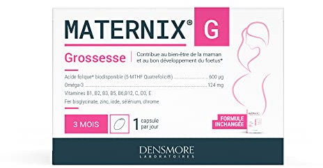 Densmore - MATERNIX G Vitamines Grossesse - Complément Alimentaire Acide Folique Grossesse - Spécifique femme enceinte - Fatigue, Mémoire et Immunité - 90 capsules - Cure 3 mois - Fabriqué en Europe