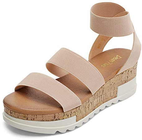DREAM PAIRS Women's Open Toe Elastic Ankle Strap Casual Flatform Platform Wedges Sandals,Size 8,Nude,REED-1