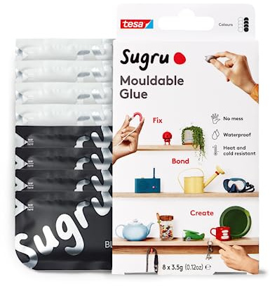 Sugru by tesa - Pâte Fixante Polyvalente à Modeler en Lot de 8 x 3.5 g - Pâte Durcissante Adhésive Polyvalente pour Décorer, Coller, Réparer, et pour Bricolage Créatif - Noir et Blanc