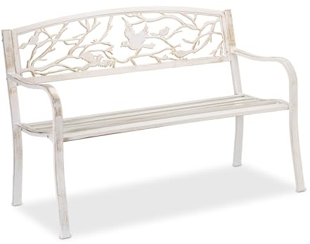 Relaxdays Panca da Giardino, con Volatili Decorativi, Accessorio di Arredo da Esterno, 87x127x57 cm, Bianco-Bronzo
