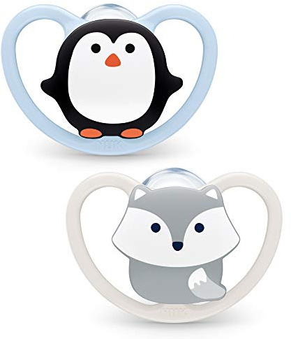 NUK Space Schnuller | 0–6 Monate | Schnuller mit extra Belüftung | BPA-freies Silikon | Pinguin und Fuchs | 2 Stück