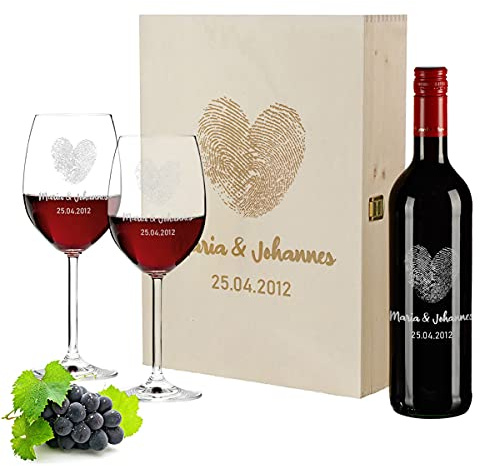 polar-effekt 4-TLG graviertes Geschenkset | personalisierte 700 ml Weinflasche, Holzkiste und 2 Weingläser | Hochzeitstag, Romantik, Liebe | Motiv Herzen