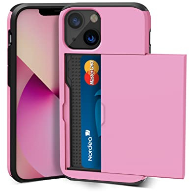 ACOCOBUY for iPhone 13 Case with Card Holder Sliding Cover 6.1 inch pink | Hidden Pocket IDs Credit Cards Slot Heavy Duty Shockproof Protective Dual Layer Wallet Phone Cover Back Shell for Men Women