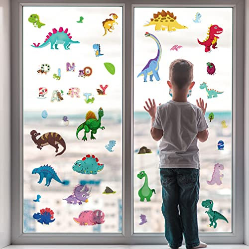 WandSticker4U®- [70 Stück] Fensterbilder DINOSAURIER & BUCHSTABEN selbstklebend I Fenstersticker Kinder Dino Tiere I Fensteraufkleber Fensterdeko Kinderzimmer Frühling Sommer wiederverwendbar GROß