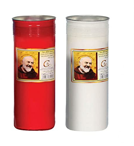 10x Ceri Votivi con Parapioggia Lumino Cera Padre Pio, Bianco e Rosso, h. 19cm Ø 6 cm Durata 55 ore 10 unità Produzione Made in Italy coperchio alluminio (Rosso)