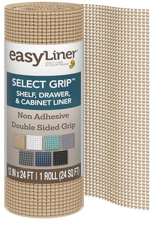 EasyLiner Select Grip Shelf Liner - Easy to Install & Cut to Fit - Non Slip, Non Adhesive, Drawer Shelf & Cabinet Liner for Kitchen, Bathroom, Pantry Cupboards, 12 in x 24 ft (1 Roll), 24 ft, Beige