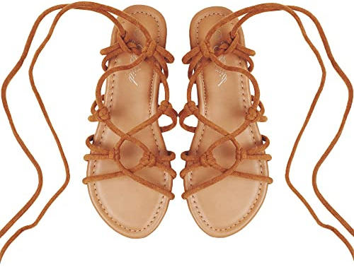 Heltid Women's Open Toe Lace Up Gladiator Flat Sandals, Strappy Sandals for Women Brown Size 8.5 M US