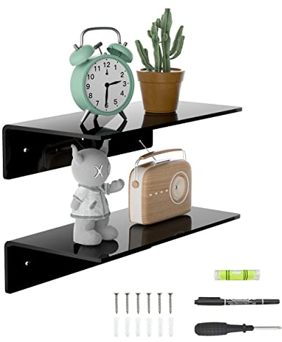 Sezanrpt 30cm kleine Schwarze Wandregale 2er-Set, Acryl schwimmendes Regal für Wand, Wand montiertes Display Regal für Schlafzimmer, Wohnzimmer, Funko Pop Regale, Smart Lautsprecher