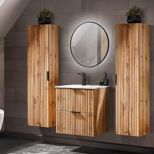 Lomadox Badmöbel Set, 60 cm Waschtisch mit Unterschrank Wotaneiche Rillenoptik, Keramik Waschbecken, LED-Spiegel rund, 2 Hochschränke, B/H/T 160/200/46 cm