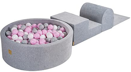 MEOWBABY Spielplatz aus Schaumstoff mit Rund Bällebad 90x30cm/200 Bälle für Kinder - Baby Softbausteine, Samt, Hellgrau: Weiß/Grau/Pastellrosa