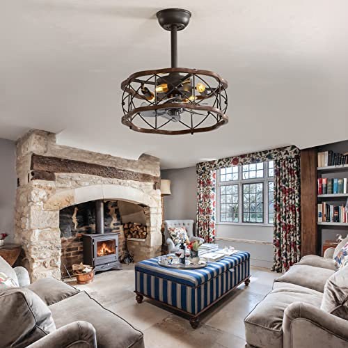 ZEELYDE Lampada a Sospensione,Ventilatori da soffitto con lampade Silenzioso Ventilatore da soffitto Industriale retrò Lampadario Plafoniere a Gabbia Stile Vintage con Ventilatore DC Reversibile des
