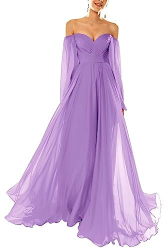 KURFACE Ballkleid, A-Linie, Herzausschnitt, langärmelig, Tüll, Maxi, elegant, plissiert, lang, Abendkleid, Partykleid für Damen, Flieder, 44
