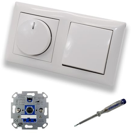REV Ritter LED Drehdimmer Dimmer + Busch Jäger Dimmerscheibe 2115-914 und Lichtschalter 2000/6 US in Balance Si alpinweiß glänzend inklusive EBROM Phasenprüfer zur Montage der Geräte ET1 66012B
