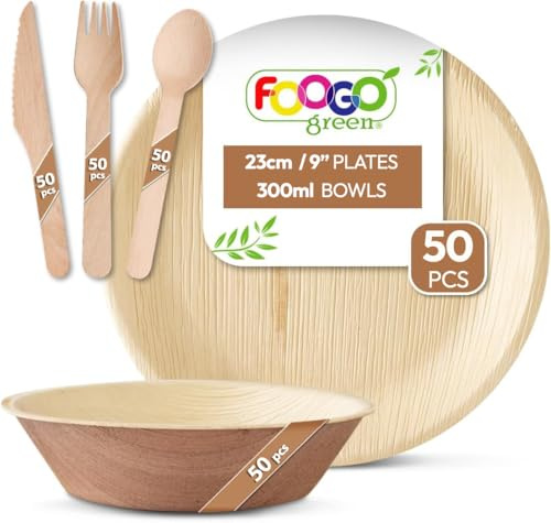 FOOGO Green 250pcs Palm Leaf Plates, Bowls and Cutlery Set, Round | FSC® Certified, 50x Large Round Plates, 50x Bowls, 50x Forks, 50x Knives, 50x Spoons, Strong Eco Friendly, Party