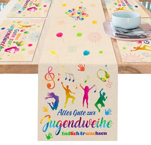DPKOW Jugendweihe Tischdeko, 5 Stück Jugendweihe Tischläufer Tischset aus Leinen, Wasserabweisend Endlich Erwachsen Tischdecke Tischset Jugendweihe Deko Junge Mädchen Jugendweihe Esstischdekoration