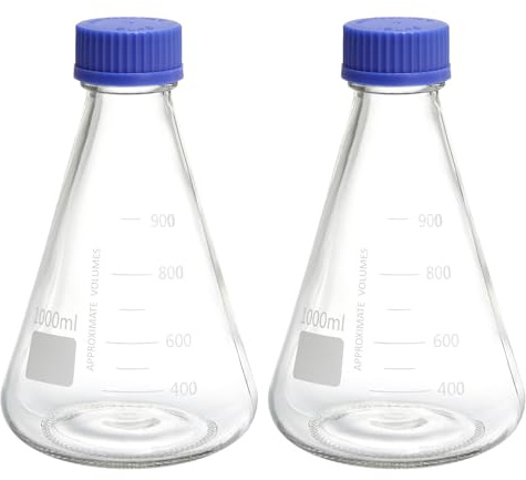 PATIKIL Erlenmeyer Flask, 2 Pcs 1000ml Narrow Mouth Graduated Flasks with Screw Cap Borosilicate Glass Flasks with Printed Graduation for Lab, Experiment, Chemistry, Science Study