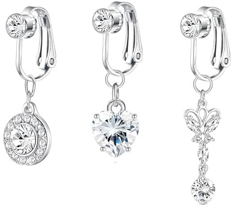 GMXJGZ 3 Stück Fake Bauchnabelpiercing, Silber Anklipsen Bauchnabelpiercing Clip, Bauchnabel Piercing für Damen, Kein Piercing