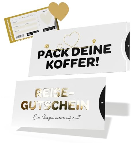 Creatastic - Reisegutschein Geschenk Verpackung, Hülle mit lustigem - Pack deine Koffer - Spruch, Karte mit Golddruck und Rubbelaufkleber, Gutschein Reise, Flugticket Geschenk, Gutschein Urlaub