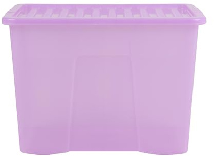 Wham Crystal 80 Liter Storage, Heavy Duty Plastic Storage Box With Lids Home Office Stackable Nestable, Large Storage Boxes With Lids 60 x 40 x 42 cm - Tint Lilac (Pack of 3)