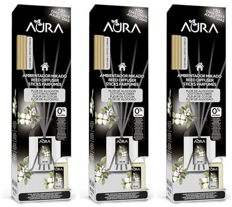 AURA | Pack 3 Ambientador Mikado con Varillas | Larga Duración 4 Semanas | 0% Alcohol | 3x30ml (Flor de Algodón)