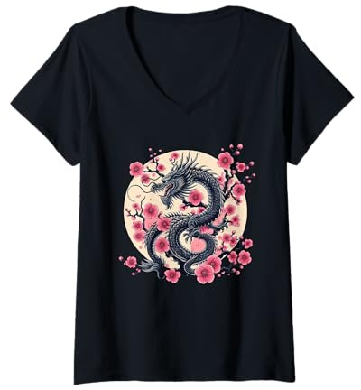 Femme Vintage Chinese Dragon Asian Art Cherry Blossom Pink Flower T-Shirt avec Col en V