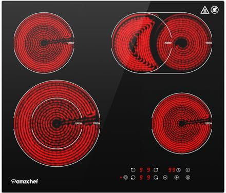 AMZCHEF glaskeramikkochfeld 60cm, herdplatte 4 kochfelder 6600W mit 9 Stufen, Dual-Zone und Bratzone, eingebautes Kochfeld mit Auto Shut-Off, Timer, Sicherheitsverriegelung