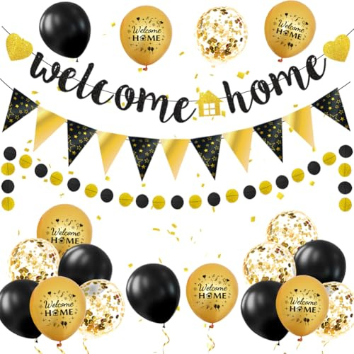 Willkommen Zuhause Deko Welcome Home Banner Welcome Back Garland Herzlich Willkommen Zurück Dekoration für Zuhause Geburt (Schwarz Gold)