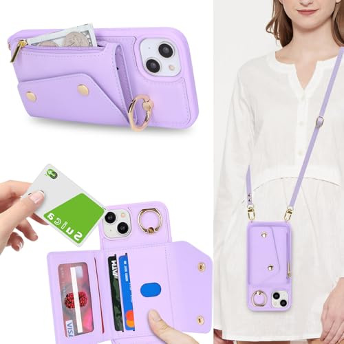 Zouzt for iPhone 15 Case with Card Holder and Strap, Card Slots Zipper Wallet Phone Case PU Leather Crossbody Lanyard Drop Protection Cover for iPhone 15 6.1 inch - Purple