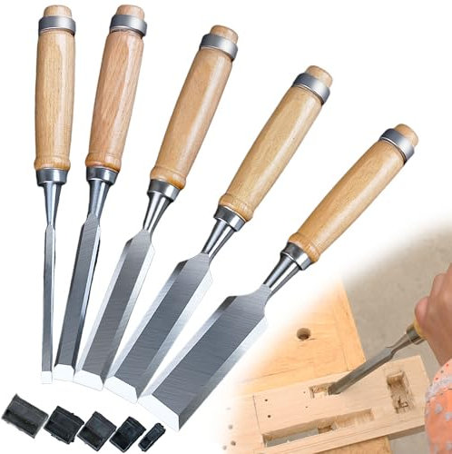 SQAQS 5pcs Scalpelli per Legno 1/4”, 1/2”, 3/4”, 1” and 1.3”, Acciaio al Cromo Vanadio, Trattato Termicamente, Scalpelli Bordi Smussati per Intagliare e Tagliare(6mm, 12mm, 18mm, 24mm and 32mm)