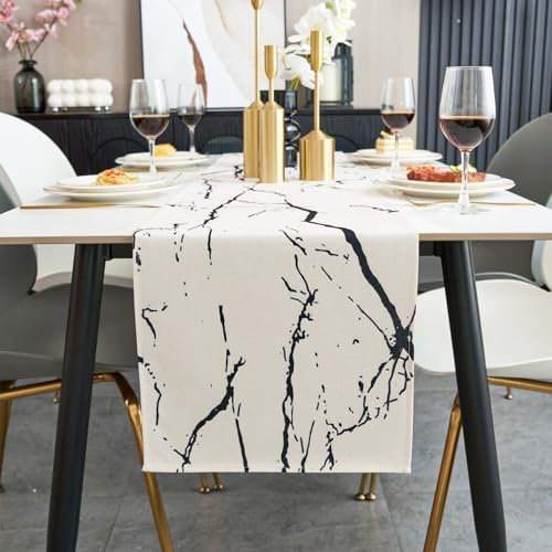 Jayusaror Tischläufer Modern Herbst Weiß und Schwarz Leinen Marmor Goldene Textur Abstrakte Kunst Waschbarer Tischläufer für Kaffee, Esszimmer, Kommode, Beistelltisch, Schlafzimmer, 33 x 183 cm