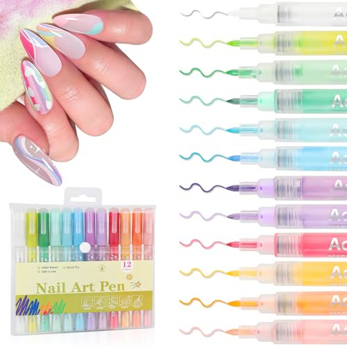 EBANKU 12 Colors Nail Art Pens Acrylic Paint Marker, Nail Polish Pens Quick Drying 0.7MM 3D Acrylic Paint Pens Clear Handle Nail Point Liner Drawing Painting Dotting Tool for Nail Art Design