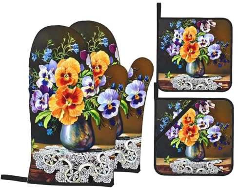 Flower Diamond Painting Print Oven Mitts and Pot Holders Sets - Heat Resistant Kitchen Gloves for Cooking, Baking, Grilling