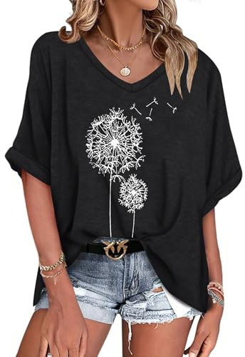 WNEEDU Tee Shirt Oversize Femme Col V été Haut Femme Manches Courtes Chemisier Top été Décontractée Léger et Aéré Grande Taille Pissenlit Blanc XXL