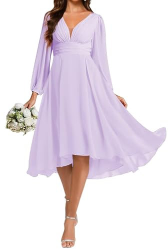 HPPEE Abito da damigella d'onore a maniche lunghe da donna per ragazzi in chiffon plissettato corto abito da sera formale, Lilla, 48