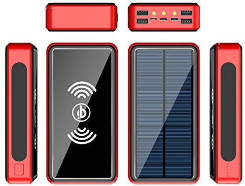 Batterie Externe Solaire 100 000 mAh, Chargeur Solaire sans Fil, étanche, Charge Rapide, QI, 4 Sorties, avec Lampe Torche LED, pour iPhone, Android, Samsung, Rouge