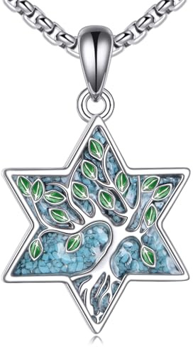 YAFEINI Lebensbaum Kette 925 Sterling Silber Türkisfarbener Kette Davidstern Anhänger Halskette Lebensbaum Schmuck Geschenke für Damen Herren