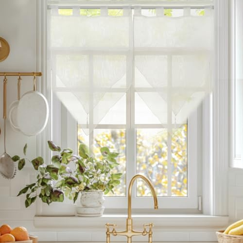 HiSnug Curtain - Set di 2 tende da bistrò in voile, con nappe, larghezza 45 x altezza 90 cm, doppio strato di tenda corta con passanti (bianco/bianco)