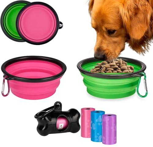 CYNENYC Kit Bebedero Comedero Plegable para Perros + Dispensador de Bolsas con 3 Rollos de Regalo, 2 uds de Cuenco de Silicona Premium, Tazón Portatil de 350 ml para Viajes, Paseos o Excursiones.
