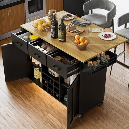 Cayipng Carro de Cocina, Isla de Cocina de Madera con encimera abatible, toallero y especiero, Carro de Comedor con 3 cajones y almacenaje, Negro