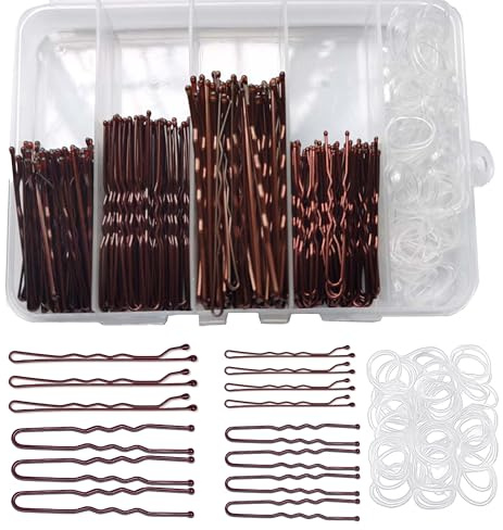 300pcs Bobby Pins Kit, Brown 100 Hair Pins for Women, 100 U Shaped Hair Pins for Buns, 100 Hair Bands with Box, hair bun pins, strong hair grips for women, 2inch, 2.36inch, 2.75inch