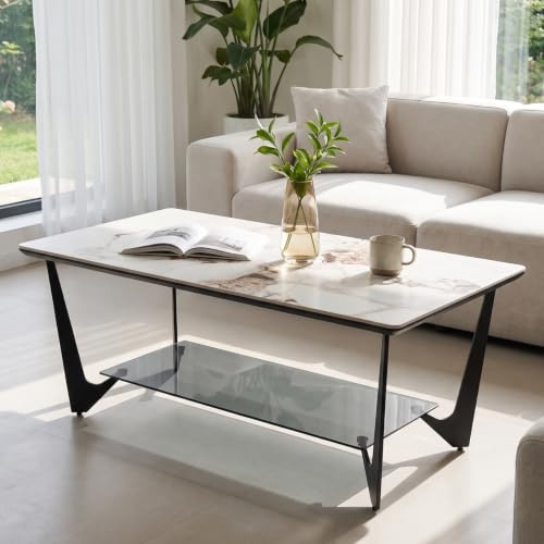 Ya-Home Couchtisch aus Metall Kaffeetisch mit Keramikoberfläche modern Sofatisch quadratisch mit Glasablage für Wohnzimmer, 46x100x60cm (HxBxT), Weiß